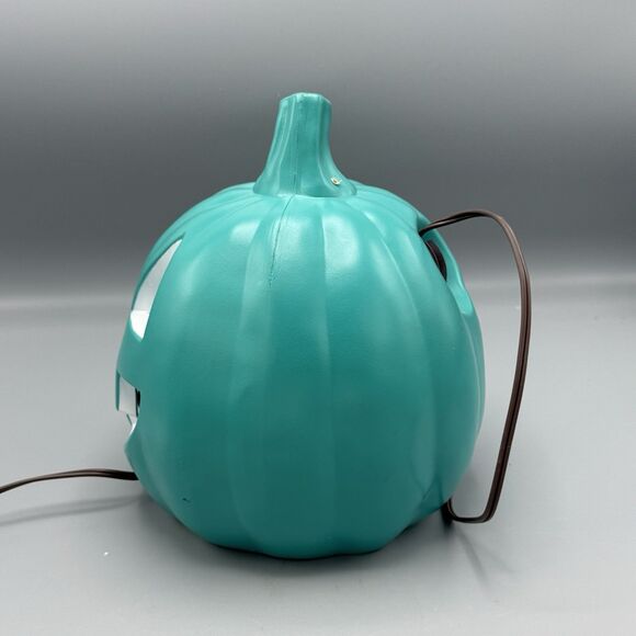 Unmarked Teal Halloween Pumpkin Happy Jack O Lantern Blow Mold Light Up 9" T - Picture 7 of 12